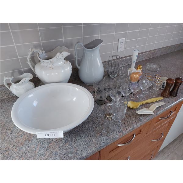 China water pitchers - 2 large, 1 small; asst glasses and vases, large mixing bowl, salt and pepper 