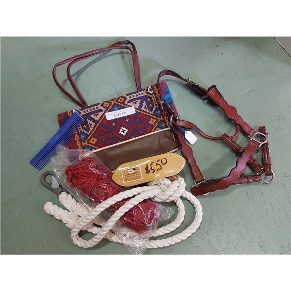 Halter, lead rope, bag, brushes and hay net