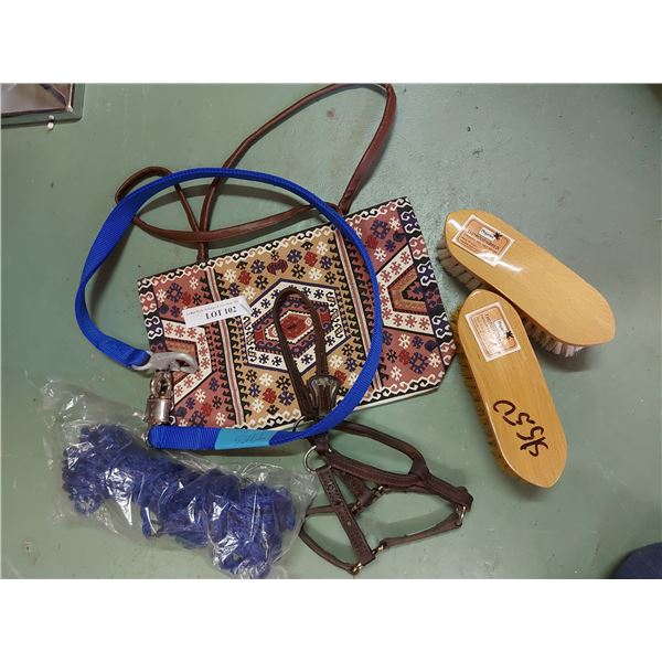 Halter, lead rope, bag, brushes & hay net
