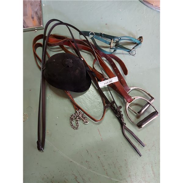 Reins, stirrups, halter and lead rope and helmet