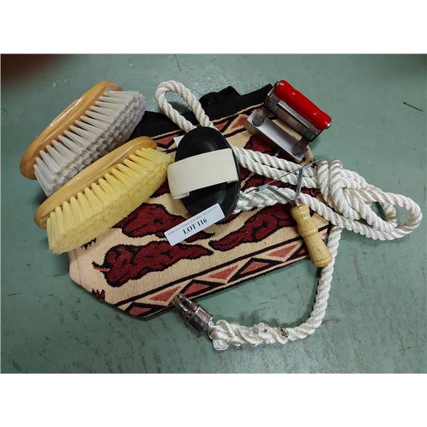 Brush bag, lead rope, brushes