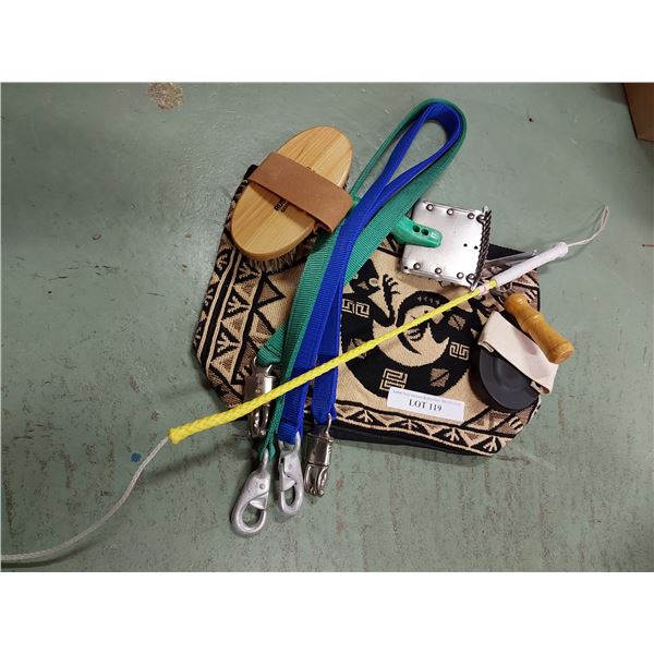 Brush bag, cross ties and whip, brushes