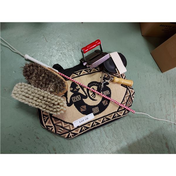 Brush bag, brushes, whip