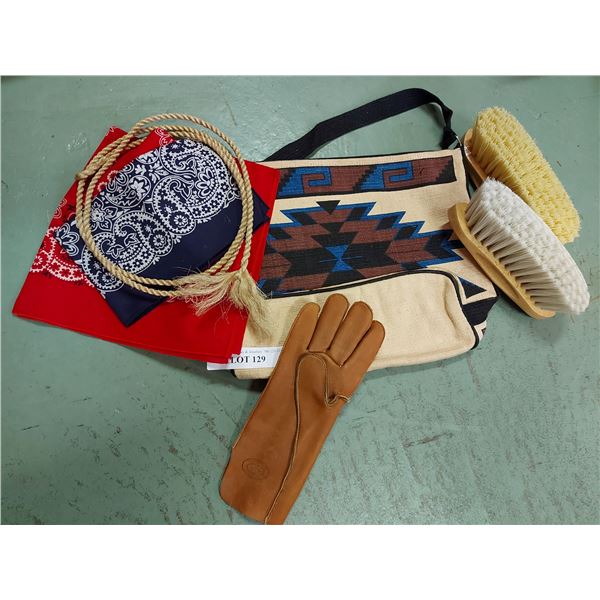 Brush bag, brush, RH roping glove, tie dye rope