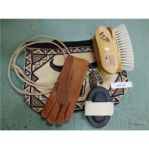 Brush bag, brushes, RH roping glove and tie dye rope
