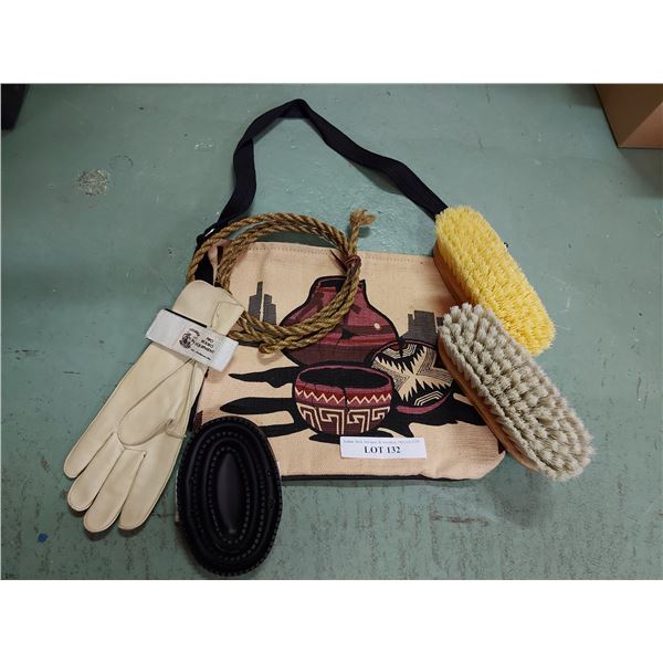 Brush bag, LH roping glove, brushes, and tie down rope