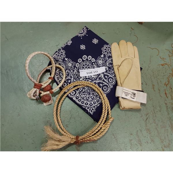 Hobbles, RH leather roping glove, tie down & scarf