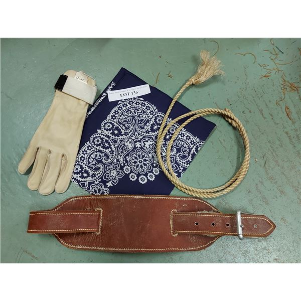 Scarf, leather hobbles, LH leather gloves, tie down rope