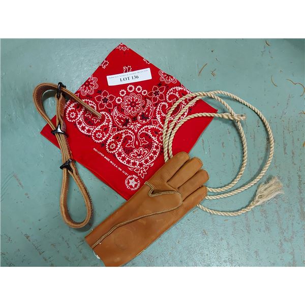 RH leather glove, leather hobbles, scarf and tie down rope
