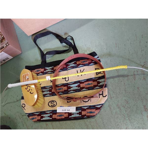 Mud brush, bag, handmade leather belt, whip