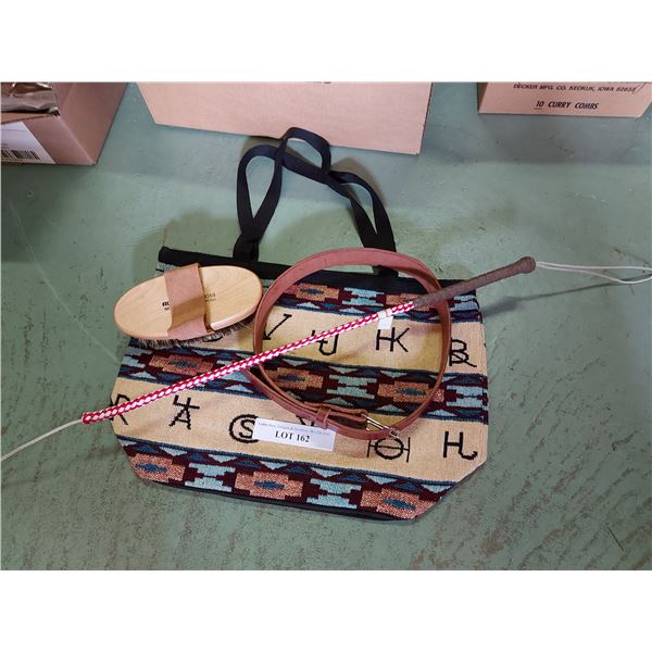 Bag, Rustler brush, handmade leather belt, whip