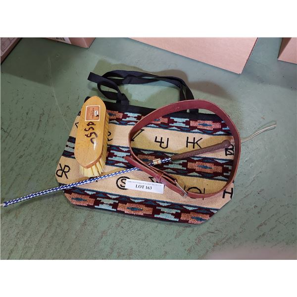 Bag, thoroughbred brush, handmade leather belt, whip