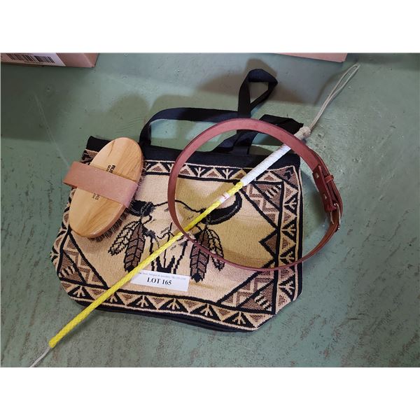 Bag, Rustler brush, handmade leather belt, whip