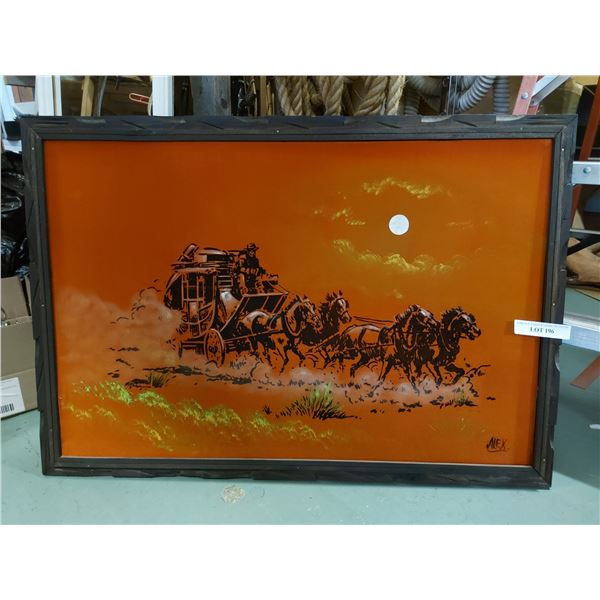Framed velvet Stagecoach painting, artist unknown