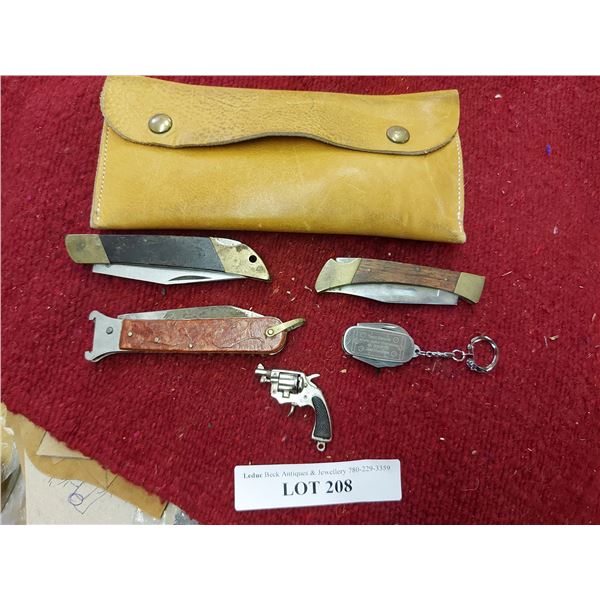 Asst pocket knives, revolver key-chain ornament, key-chain knife, leather pouch