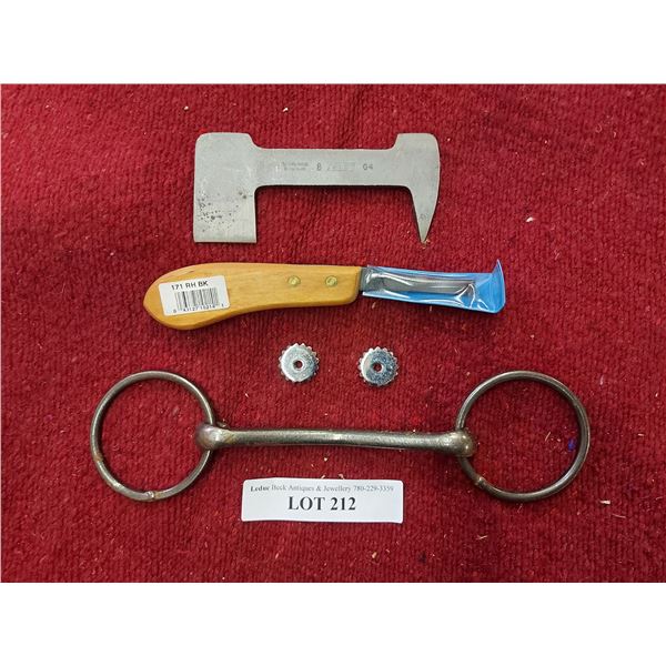 Clinch clipper, hoof knife, 1 pair rowels, bit
