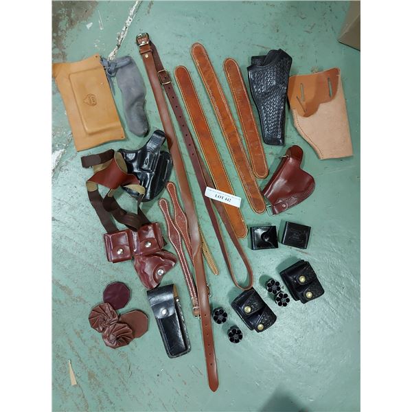 Asst leather items incl belts, bullet holders, gun holster, pouches