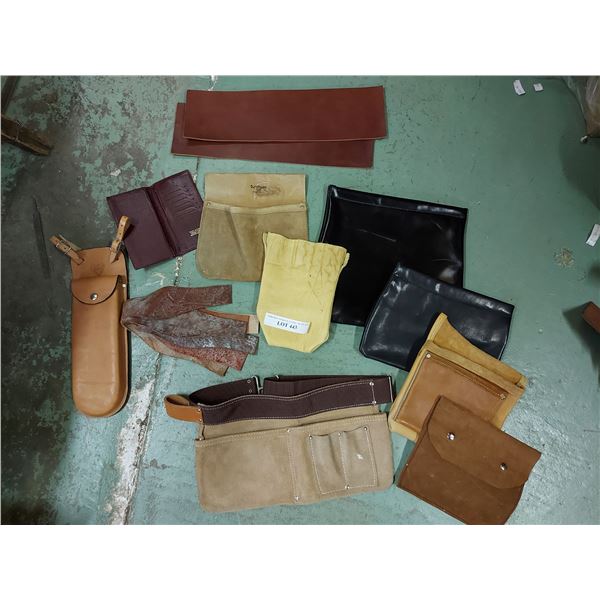 Asst leather items incl tool belt, pouches, wallets, chequebook, etc.