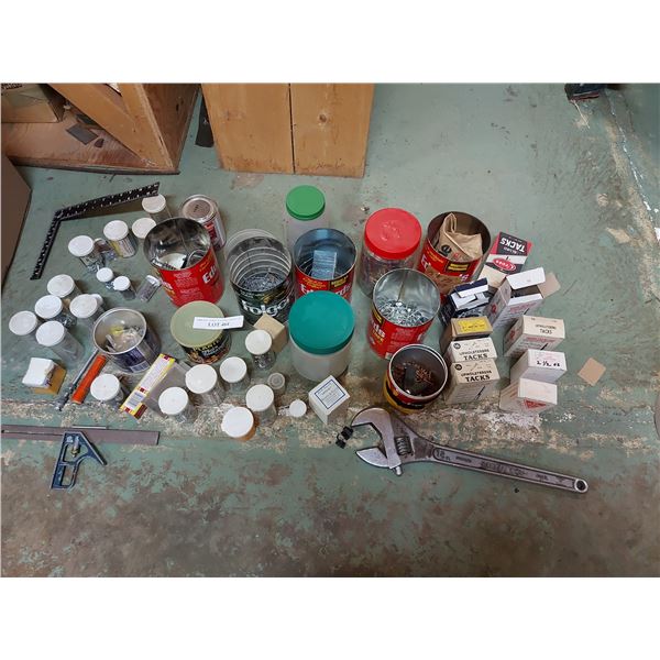 Asst screws, nails, upholster tacks, 18" forge steel wrench, rivets, burrs, multi-purpose adhesive b