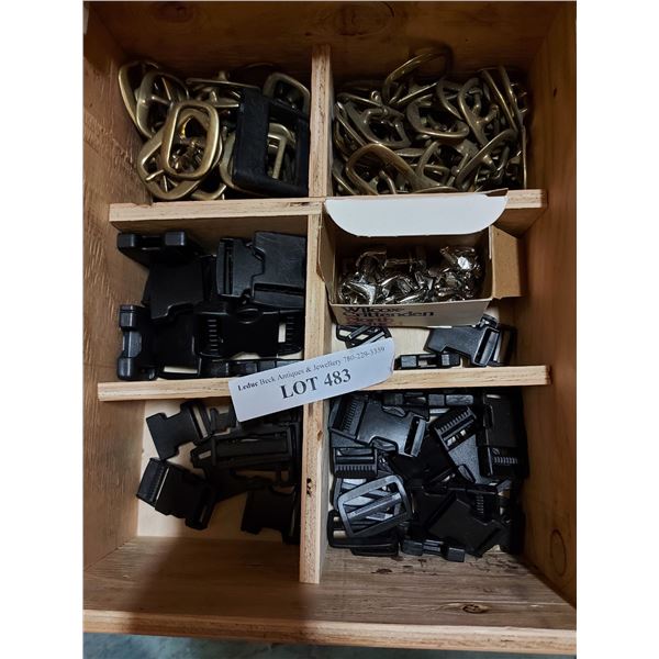 Brass and plastic buckles, silver hooks