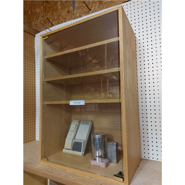 Wood cabinet with glass door and 3 adjustable shelves, antique tins, Cobra cordless telephone