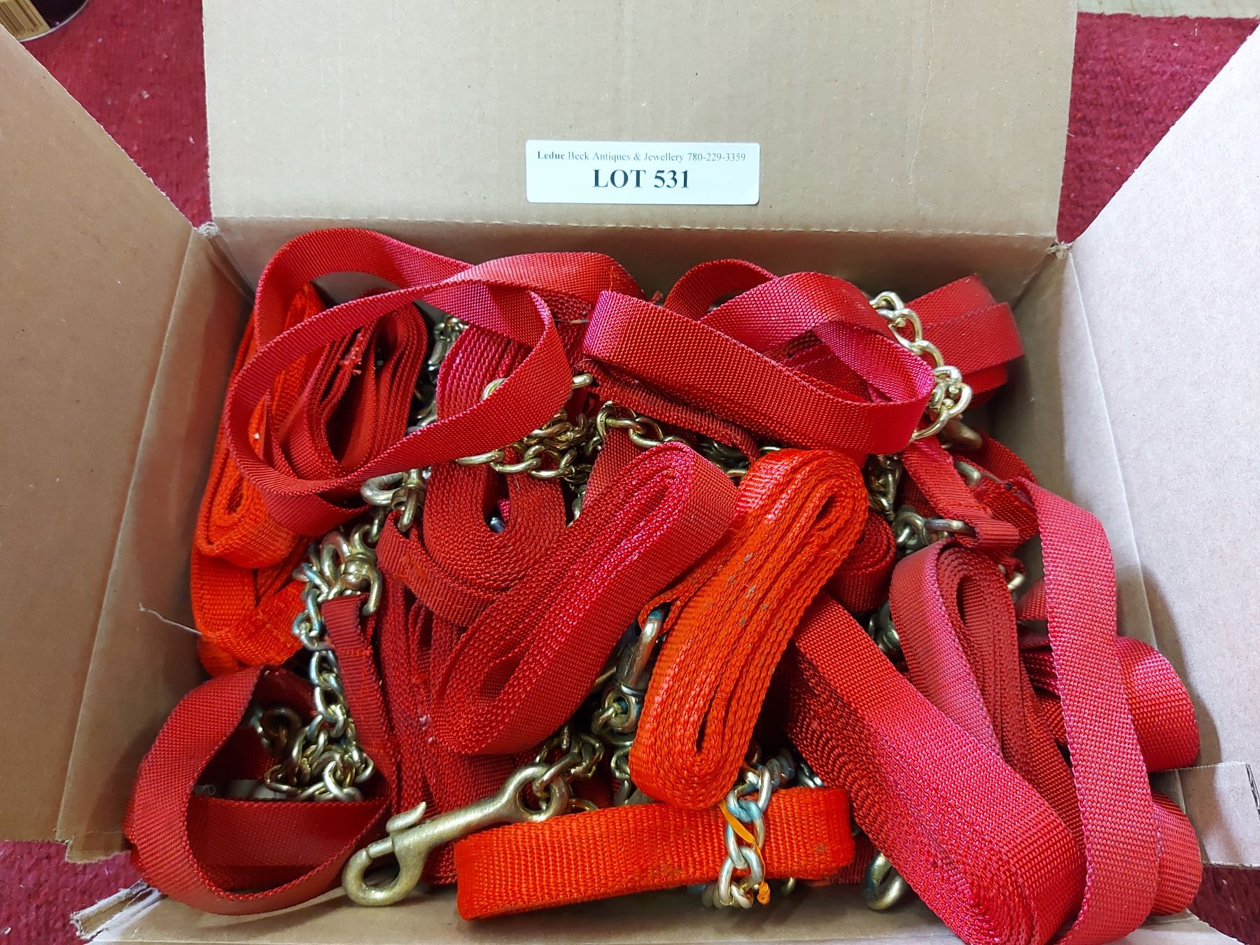 1 box webbing with snaps and chain - red - Beck Auctions Inc.