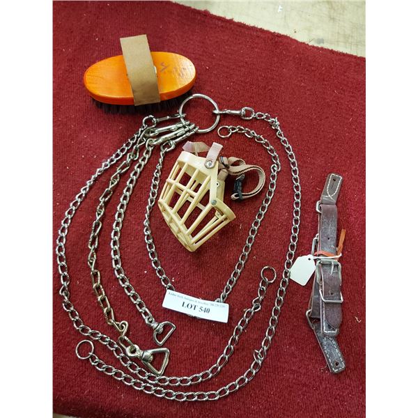 Spur straps, 5 asst length chains, horse brush, horse nose cap
