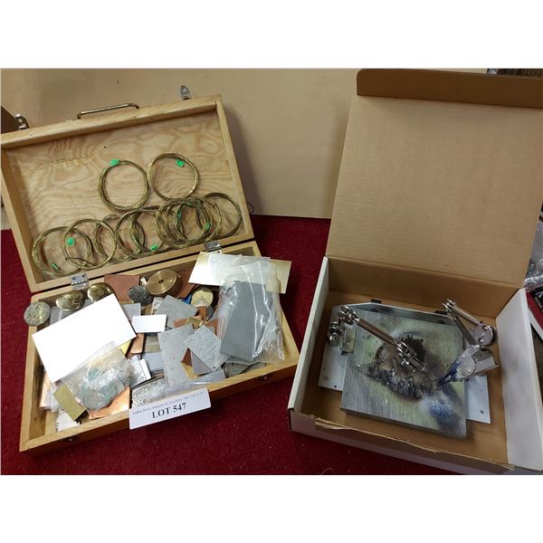 Soldering vice with 2 arms, wooden box with wires and asst metal pieces