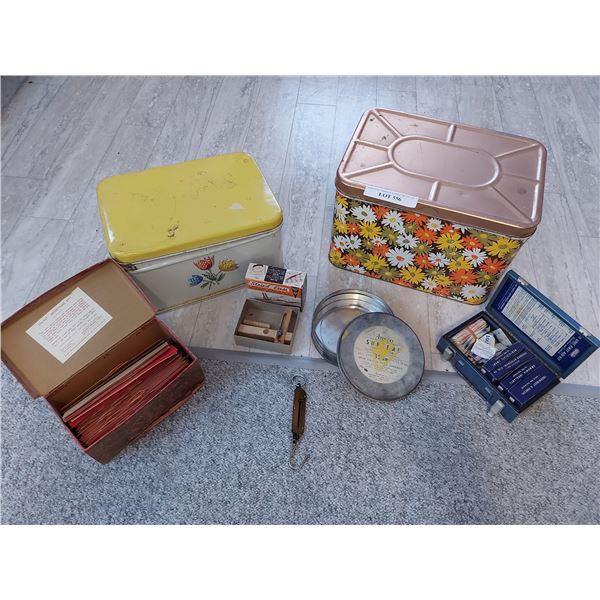 Strip-Ease precision cutting tool, vintage film cannister, vintage first aid kit, Sta-Put Display Ki