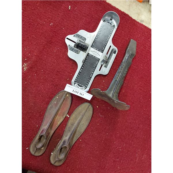 Vintage iron shoe molds, iron shoe mold stand, Brannock Device - foot size measurer