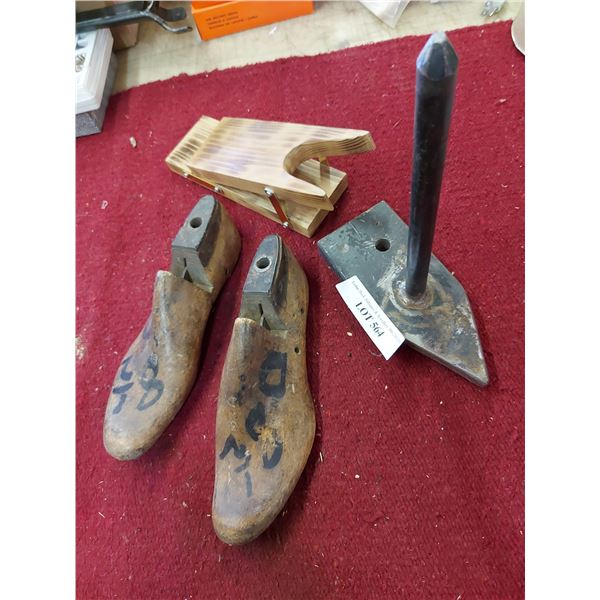Vintage wood shoe molds, iron shoe mold stand, wooden boot jack