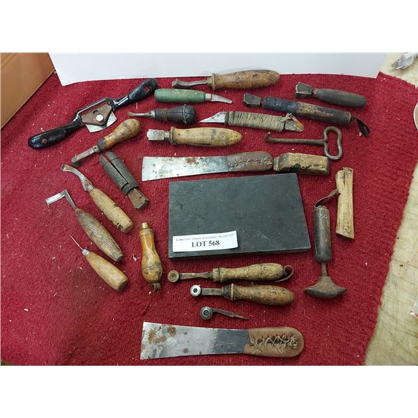 Asst. vintage tools incl. hand carved and leather handles