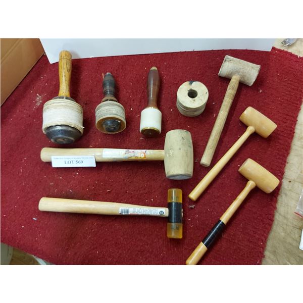 3 Leather mauls plus spare head, asst mallets - wood, rubber