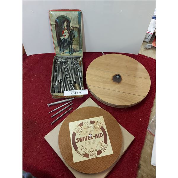 Swivel-Aid turn-table, large wooden turn-table, asst leather punches
