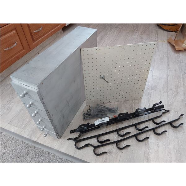 2 pairs gun rack sets, black, 5 hooks each; Peg board with hooks & metal pegs; wooden storage drawer