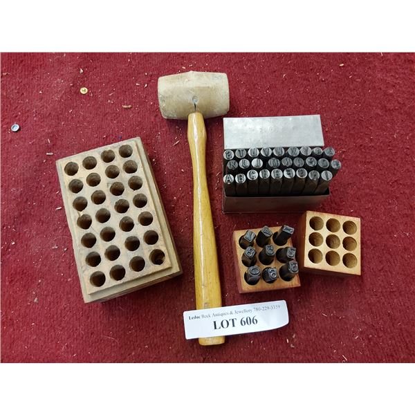 Znak-Brno #6 Alphabet stamp set, MF Numeric leather stamp set with mallet and stamp stand
