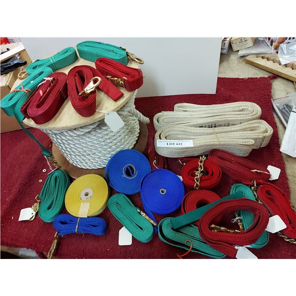 Synthetic fibre rope length unknown, asst webbing straps some with hardware