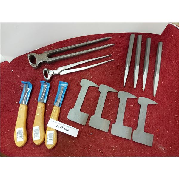 3 hoof knives, 4 Enderes G4 Clinch Cutter, 4 Enderes G5 Farrier Pritchel, 2 Farrier Parers