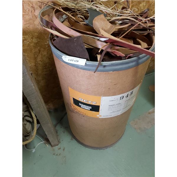 Barrel filled with asst scrap leather pieces