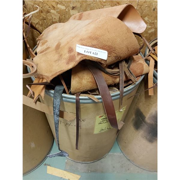 Barrel filled with asst scrap leather pieces