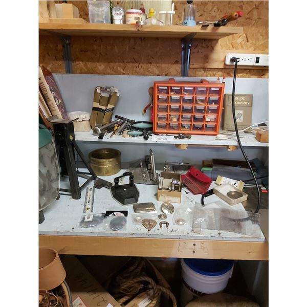 Engraving tools and shop supplies, incl. graver sharpener, buckles, tools, stencils