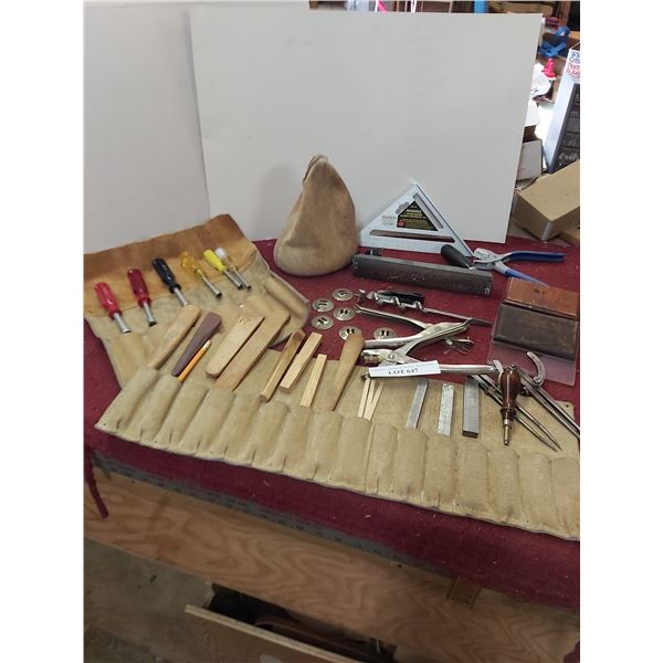 Hole punches, weight bag, square, other misc tools and tool pouches