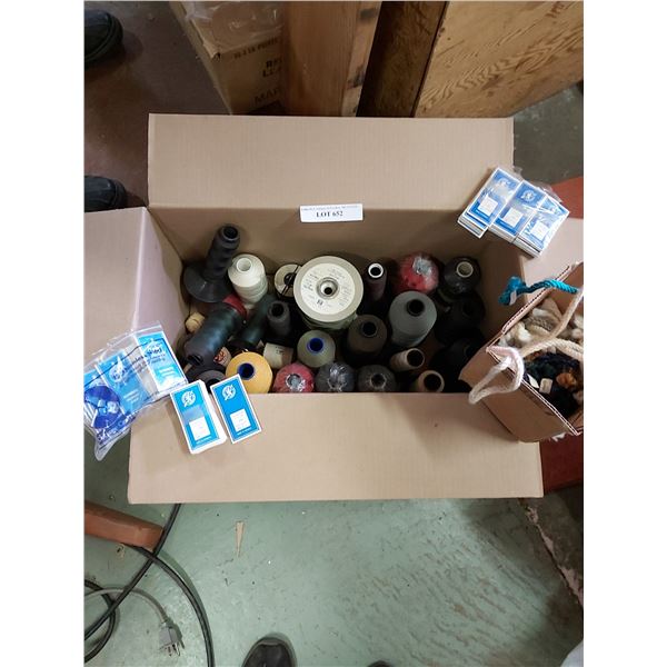 Box of various threads, sewing needles, various coloured crafting rope samples