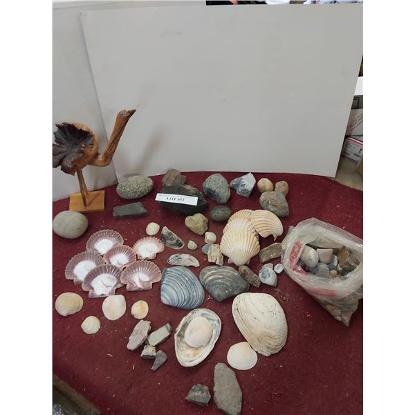 Rock, sea shell and wooden bird collection