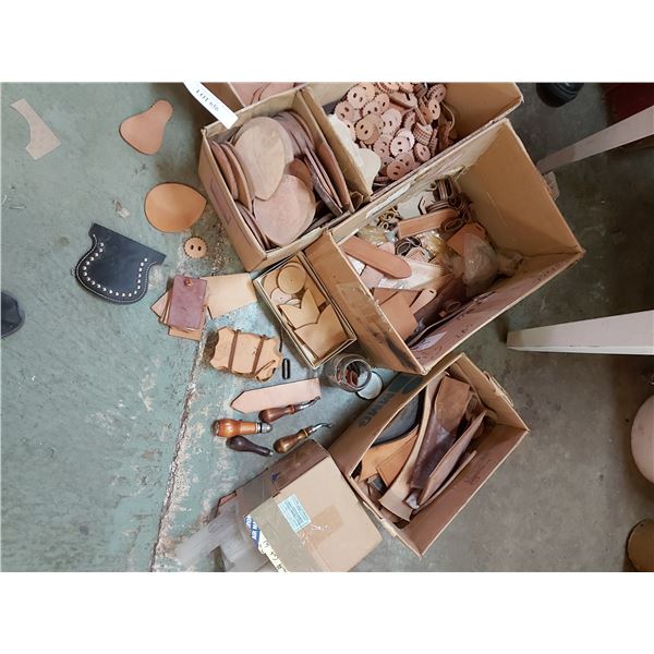 2 boxes pre-cut and scrap leather pieces with patterns