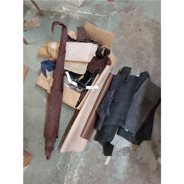 Various scrap designer leathers - box and rolls, 1 small roll of rawhide