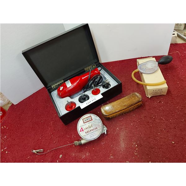 Iona vintage shoe polishing kit, shoe brush, Aro balancer, E-Z Red Anti-freeze tester