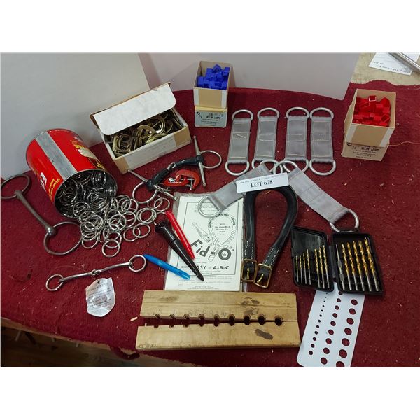 Harness connectors, asst buckles, nylon loops, drill gauge, drill bits, wooden gauge, splicing spike