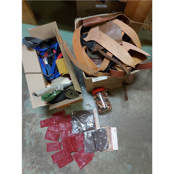 Asst leather scrap pcs, leather belt pouches, 2 clutch purse kits, leather loops, asst scrap webbing