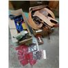 Image 1 : Asst leather scrap pcs, leather belt pouches, 2 clutch purse kits, leather loops, asst scrap webbing
